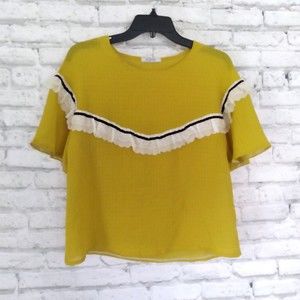 Plaire Blouse Womens Medium Yellow Short Sleeve Lace Velvet Trim Boho Top